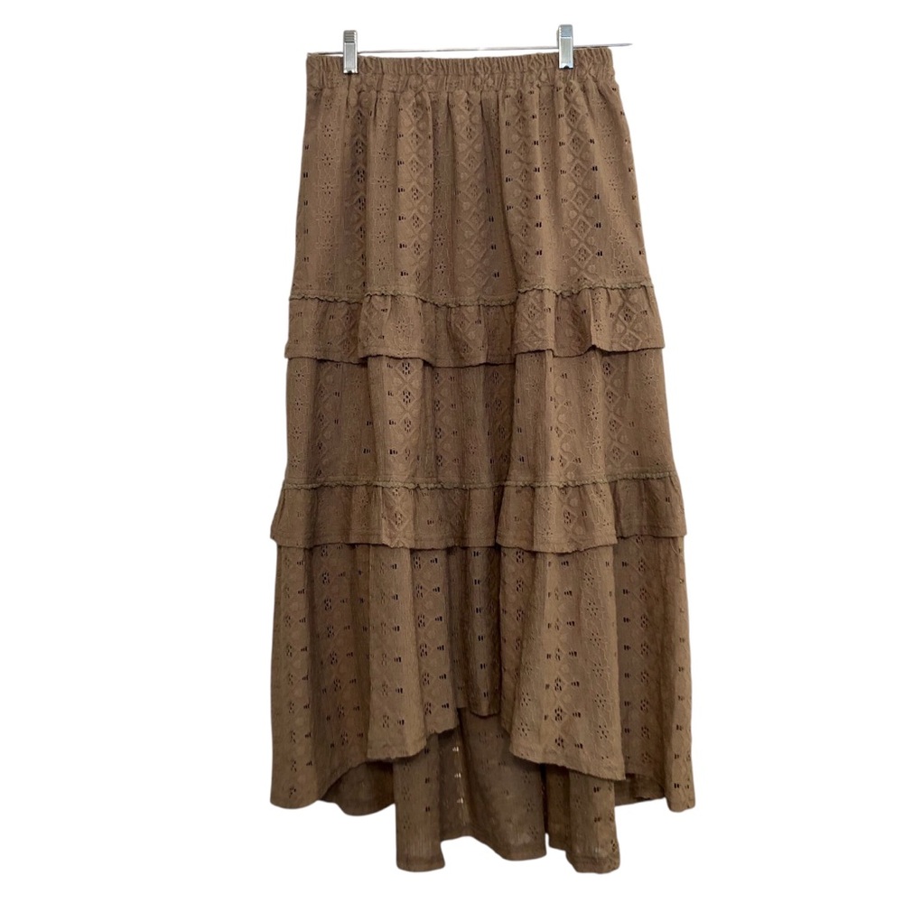 Flowy Boho Taupe Tiered Maxi Skirt with Eyelet Lace & Embroidery Size L